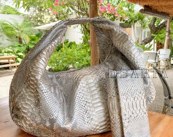 Pearl Python Leather Slouchy Bag - Real Snakeskin Shoulder Large Soft Tote Bag - Oversized Luxury Purse