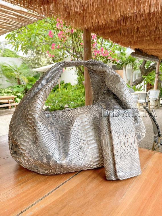 Pearl Python Leather Slouchy Bag - Real Snakeskin Shoulder Large Soft Tote Bag - Oversized Luxury Purse
