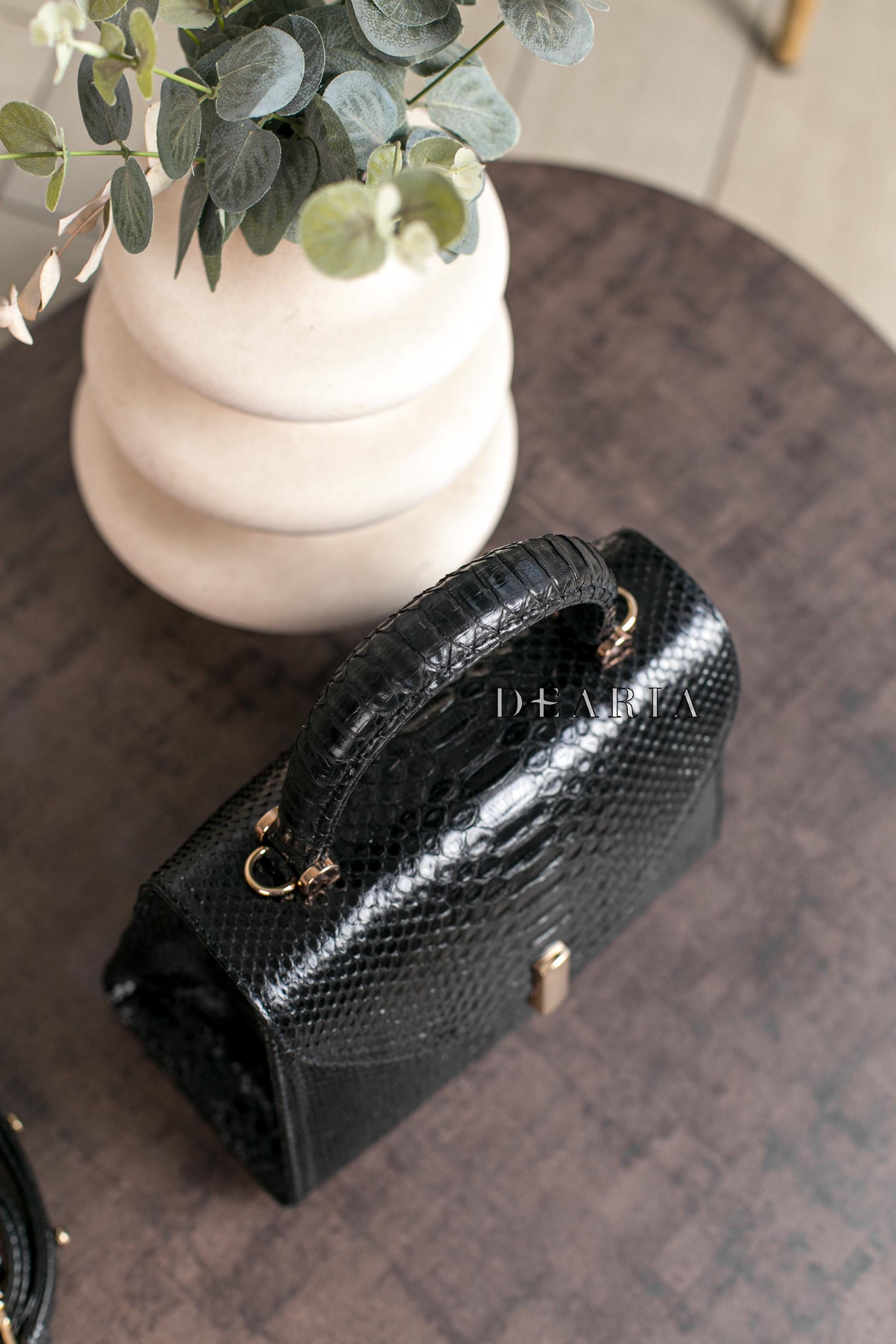 Black Python Leather Bag - Glossy Flap Crossbody Purse With Top Handle ...