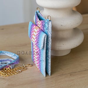 Rainbow Python Leather Phone Pouch: Slim Crossbody Bag with Gold Chain image 4