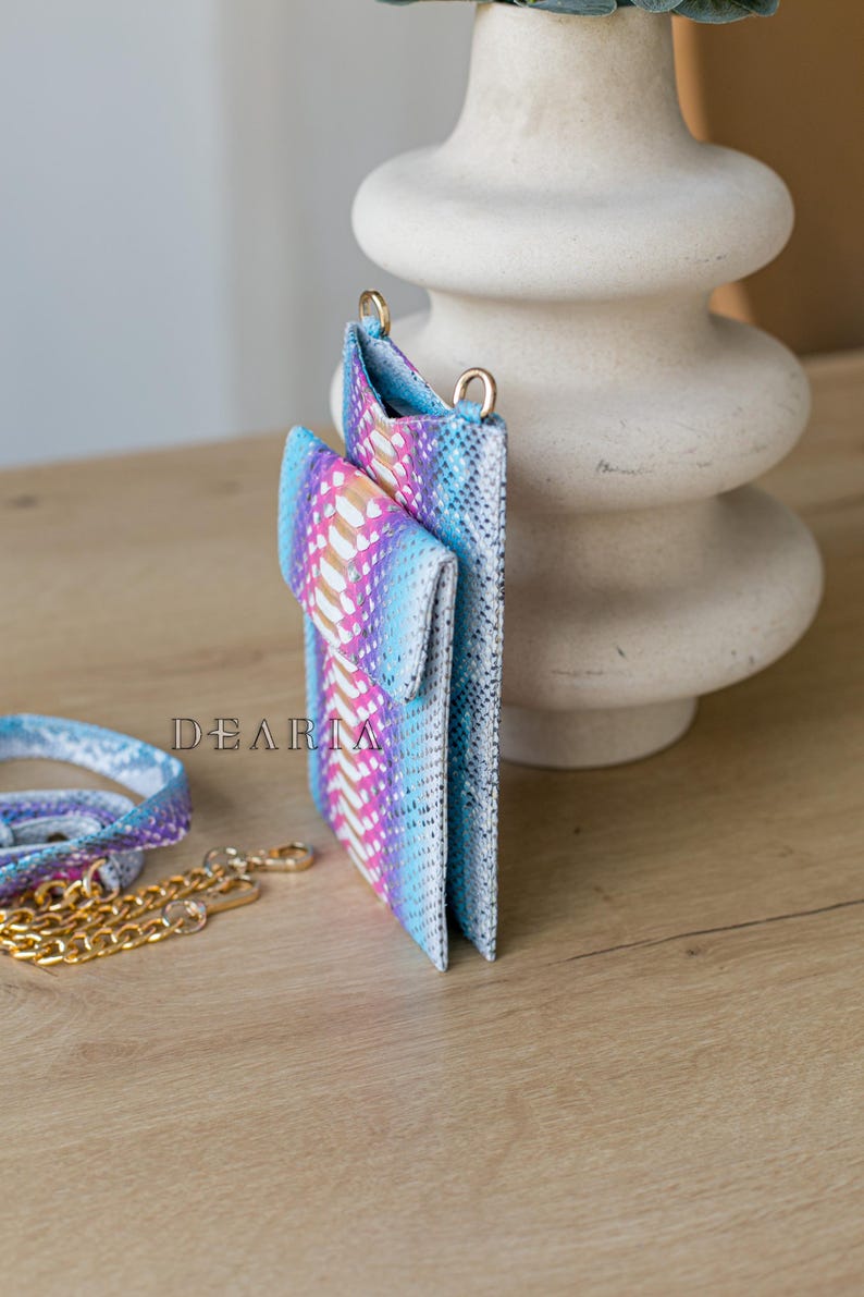 Rainbow Python Leather Phone Pouch: Slim Crossbody Bag with Gold Chain image 4