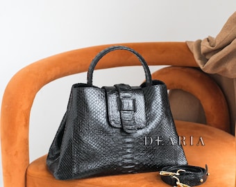 Schwarze Python Leder Tragetasche: Schlangen Leder Große Schulter Handtasche