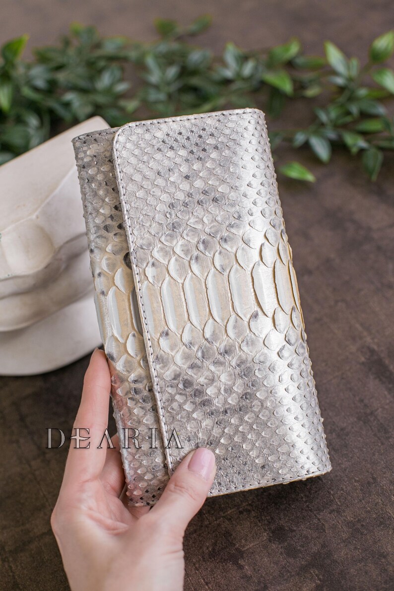 Light Gold Metallic Snakeskin Long Flap wallet for ladies