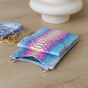 Rainbow Python Leather Phone Pouch: Slim Crossbody Bag with Gold Chain image 3