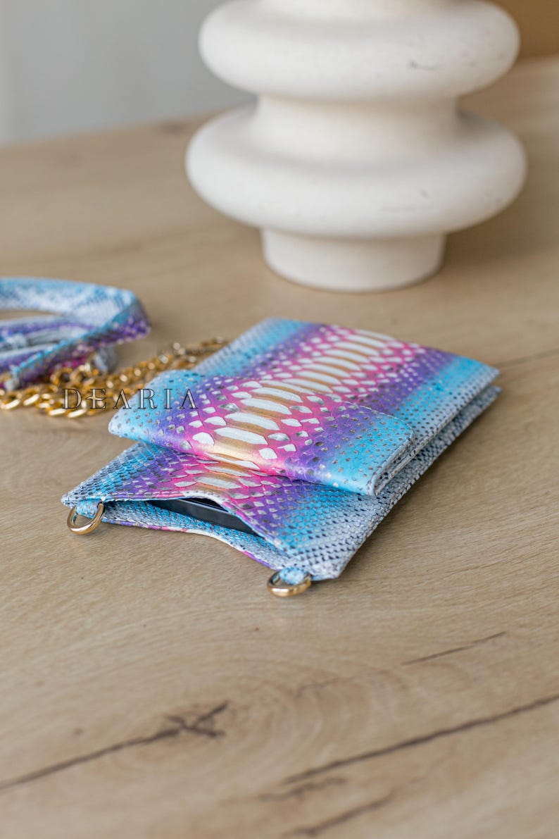 Rainbow Python Leather Phone Pouch: Slim Crossbody Bag with Gold Chain image 3