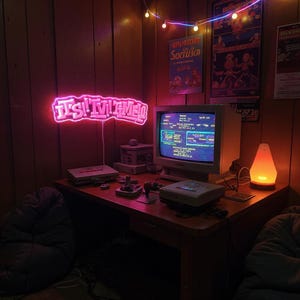 以下が含まれることがあります： 「It's TV Time」と書かれたネオンサインのあるレトロなゲームセットアップ。デスクには、ヴィンテージのコンピューターモニター、ゲーム機、コントローラーが置かれています。暖色系のランプとストリングライトがノスタルジックな雰囲気を醸し出しています。