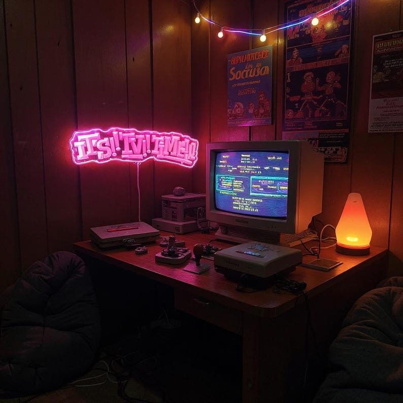 以下が含まれることがあります： 「It's TV Time」と書かれたネオンサインのあるレトロなゲームセットアップ。デスクには、ヴィンテージのコンピューターモニター、ゲーム機、コントローラーが置かれています。暖色系のランプとストリングライトがノスタルジックな雰囲気を醸し出しています。