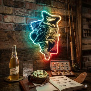 May include: A neon sign displaying "Miller High Life" and a fish design is mounted on a brick wall. A beer bottle, glass, fishing reel, and fly fishing kit are on a wooden surface.