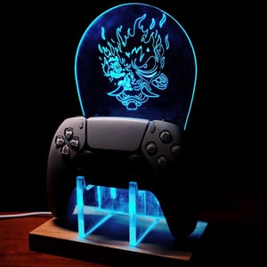 Personalized Cyberpunk Samurai Gaming Controller Stand, LED Light Headphone Stand, Valentines Gifts for Gamer Husband
