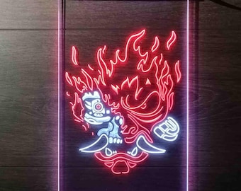 Könnte beinhalten: Ein rotes und weißes Neon-Schild mit einem stilisierten Bild eines Dämons mit Hörnern und Flammen. Das Gesicht des Dämons ist weiß und die Flammen sind rot.
