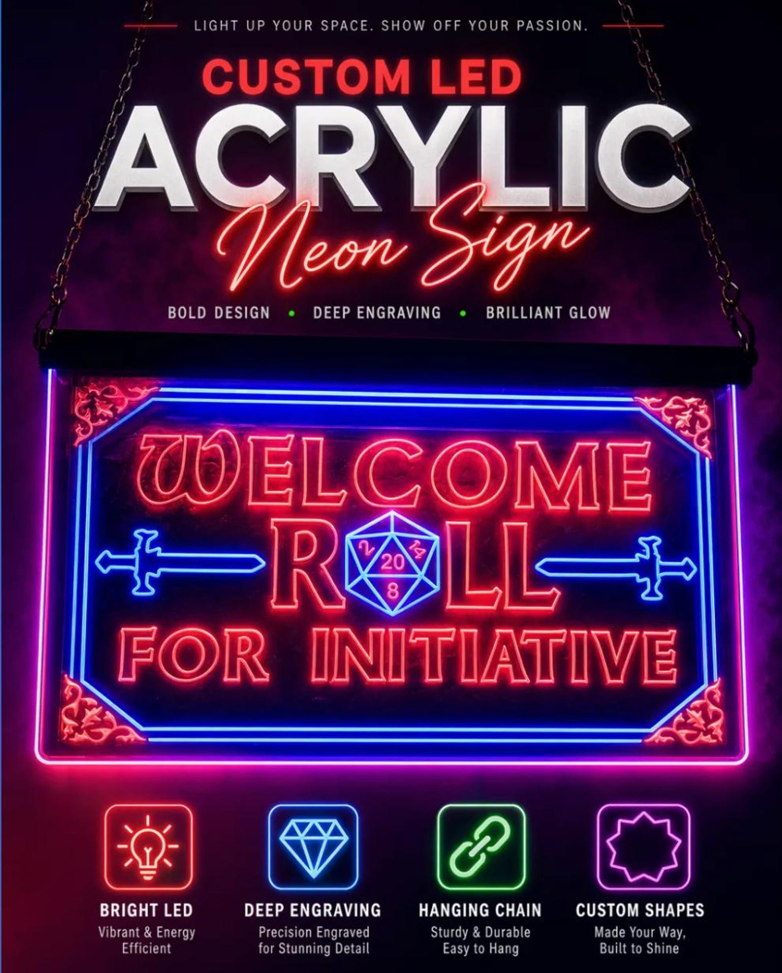 Rpg Library Sign Welcome Roll Dungeon Master LED Light Sign, Custom Tabletop RPG Room ...