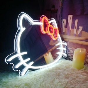 Cute Kitty LED Light Mirror Sign, Custom Night Light Display Gift For Room, Light Up Mirror, Nursery Kitty Sign