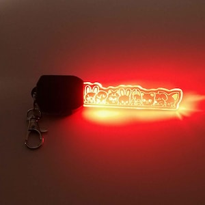 Puede incluir: Un llavero brillante con una serie de personajes de animales de dibujos animados. El llavero está iluminado con una luz roja brillante, y los personajes están grabados en una pieza rectangular transparente. Un mando a distancia negro y un cierre plateado están adjuntos.