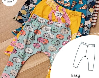 May include: A set of four colorful leggings with different patterns, including donuts, pizza slices, and abstract shapes. The leggings are made for babies and toddlers and are available in sizes from newborn to 24 months. The text "Easy PDF Pattern" and "Newborn - 24 months" is visible on the image.