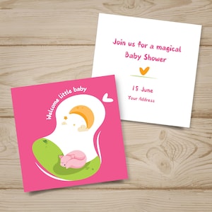 Aangepaste babyshoweruitnodiging | Afdrukbare welkomstbabykaart | Bewerkbare babynaam | Direct downloaden | Sjabloon voor babyaankondigingen van 5 x 5