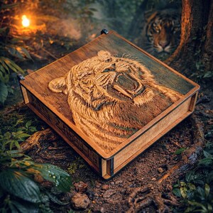Houten doos met brullende tijger - Handgemaakt aandenken aan de natuur - Majestueuze sieradenkist met tijgerportret - Gegraveerd cadeau voor dierenliefhebbers - Jungl