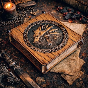 Handmade Wolf School Wooden Chest - Medieval Style Storage Box - Unique Witcher Decor - Birthday Gift for Gamer & Fantasy Lover