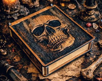 Dödskalle i trä, gotisk minneslåda, lasergraverad dödskallelåda, tärningslåda för DnD RPG, mörk fantasy-present, gotisk dekor