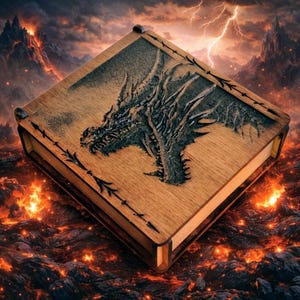 Caja de madera de dragón épico - Cofre de recuerdos de fantasía hecho a mano - Joyero con cabeza de dragón grabada oscura - Almacenamiento de dados para juegos de rol de mesa - Mítico B