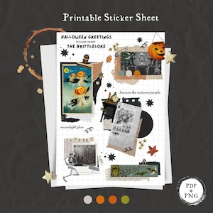 Feuille d'autocollants pour voeux d'Halloween : feuille d'autocollants numériques, Halloween, vintage, automne