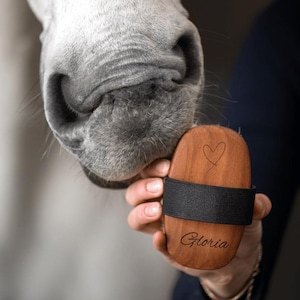 Puede incluir: Un cepillo de aseo de madera para caballos con una correa negra y el nombre "Gloria" grabado. Un corazón está dibujado en la parte superior. El cepillo se sostiene cerca de la cara de un caballo.