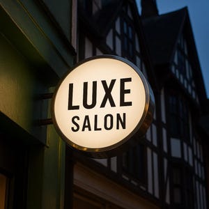 K&ouml;nnte beinhalten: Ein rundes, beleuchtetes Schild mit den Worten "LUXE SALON" in fetten, schwarzen Buchstaben. Das Schild hat einen silbernen Metallrahmen und ist an einer dunkelgr&uuml;nen Wand befestigt. Im Hintergrund ein Geb&auml;ude mit dunklem Dach.