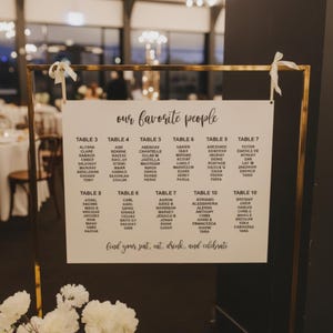 Puede incluir: Un plano de asientos de boda con un marco dorado y lazos blancos. El letrero muestra los nombres de los invitados organizados por número de mesa, con la frase "our favorite people" en la parte superior y "find your seat, eat, drink, and celebrate" en la parte inferior.