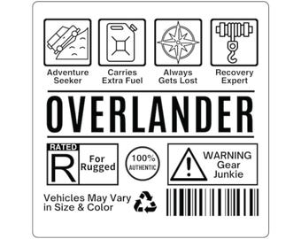 Vierkante stickers met informatie over het weggedrag van de Overlander, sticker off-grid, accessoire voor outdooravontuur, sticker op de rig, sticker avontuur