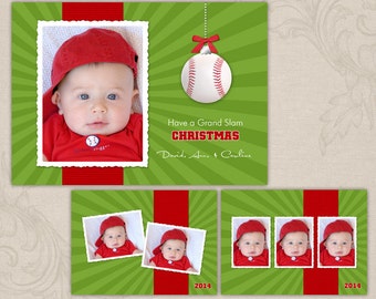 Baseball Christmas | Multi Photo Christmas Holiday Card Templates | Photoshop Templates | 5x7 Press Printed Card