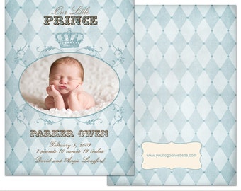 Prince and Princess | Photo Baby Birth Announcement Card Template | Elements Photoshop Templates | 5x7 Press Printed Cards or Photo Cards