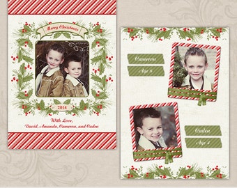 Peppermint Holly | Photo Christmas Holiday Cards Templates | Photoshop Elements Templates | 5x7 Press Printed Cards | Instant Download