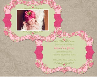 Strawberry Kisses | Photo Baby Birth Announcement Card Template | 5x7 Press Printed Card or Die Cut Luxe Card