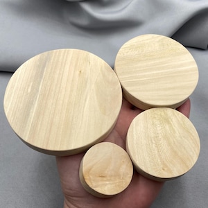 以下が含まれることがあります： さまざまなサイズの、未完成の丸い木片が4つ。木材は明るく自然な色で、木目がはっきりと見えます。滑らかな円形が特徴で、手で持たれています。工芸品やDIYプロジェクトに適しています。