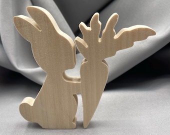 Wooden Rabbit with Carrot, Unfinished Bunny, Blank Wood Shape, Decorative Embellishment, Rustic Easter Decoration, Stan up Figurine