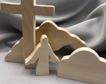 Unfertige hölzerne Ostern-leere Grabszene, Auferstehungsanzeige zum malen, kleine Jesusfigur, Karwoche Kinderhandwerk