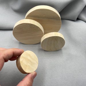 Könnte beinhalten: Eine Sammlung von vier unfertigen Holzkreisen unterschiedlicher Größe. Einer wird von einer Hand gehalten. Das helle, natürliche Holz zeigt eine sichtbare Maserung. Die glatten Kreise scheinen für Bastelarbeiten oder andere Zwecke geeignet zu sein.