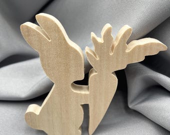 Wooden Small Rabbit with Carrot, Unfinished Bunny, Easter Spring Decor, Ready to Paint, Standing Blank for Kids
