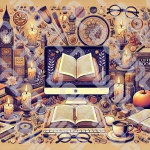 Op de afbeelding: Een fantasievolle illustratie van een bureau met een open boek op een computerscherm, omringd door kaarsen, boeken, brillen en andere objecten. De boeken hebben titels als "Coffee Books" en "Roppens Books".