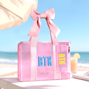 Rosa Schleife Strand Tragetasche mit wasserdichter Handytasche, Benutzerdefinierte Schatten Monogramm Pool Tasche, Mädchen Reise Strandtasche, Brautjungfer Geschenktaschen, Hochzeitsgeschenk