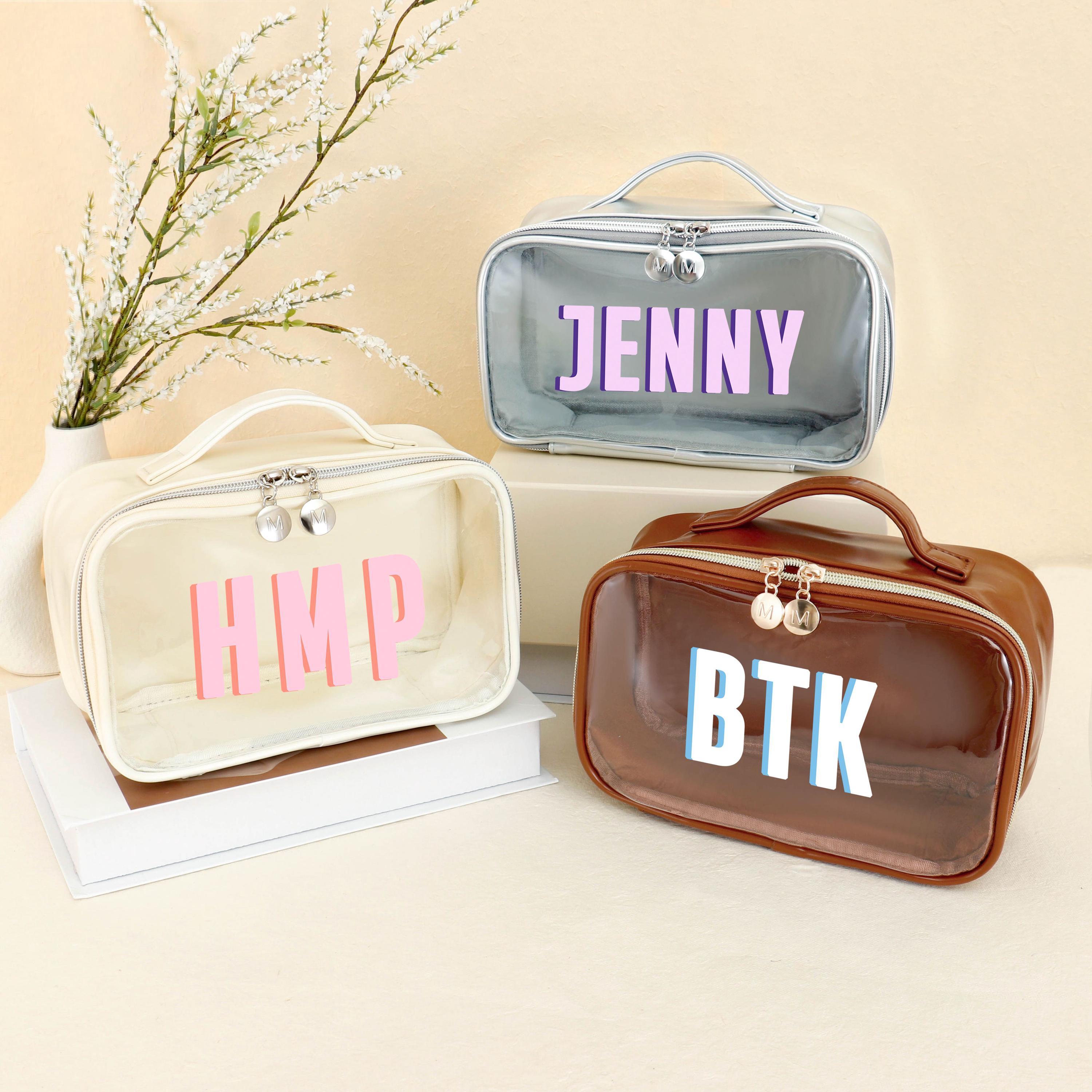 Custom Bride Leather Makeup Bag,Shadow Monogram Clear Cosmetic Bag,Waterproof TSA Toiletry Bag,Bachelorette Party Gift,Bridesmaid Gifts