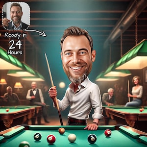 Custom Pool Player Cartoon Portrait | Personalized Billiards Player Caricature | Gift For Billiards Player | Gift For Pool Player | Fun Gift