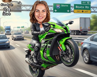 May include: A cartoon illustration of a woman riding a green motorcycle on a highway. The motorcycle is lifting its front wheel. The image includes highway signs and the text "Ready in 24 Hours".