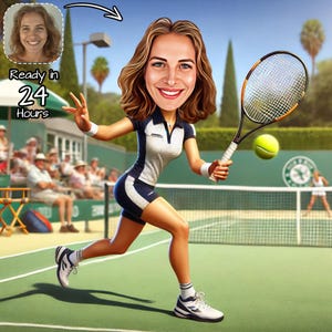 Custom Tennisspielerin Cartoon Portrait | Kundenspezifische Tennis-Karikatur | Personalisierte Tennis Zeichnung | Geschenk für Tennis Spieler | Lustiges Tennis