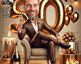 May include: A digital caricature of a man in a brown suit, holding a champagne glass, celebrating a 50th birthday. Gold balloons, gifts, and candles create a festive atmosphere. The image includes the text "Ready in 24 Hours".