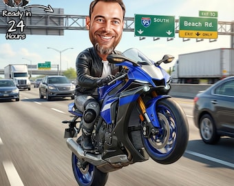 May include: A cartoon illustration of a man on a blue and black motorcycle, performing a wheelie on a highway. The man is wearing a black leather jacket and smiling. The image includes text that says "Ready in 24 Hours".