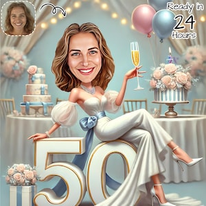 Niestandardowy 50. portret z kreskówki | 50. karykatura | Spersonalizowany rysunek karykatury urodzinowej | 50. urodziny, karykatura urodzinowa