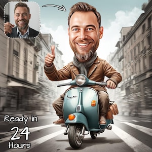 Custom Scooter Cartoon Portrait | Personalised Vespa Caricature Drawing | Vespa Gift | Vespa Cartoon Gift | Vespa Drawing | Vespa  Lambretta