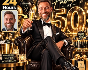 May include: A person in a black tuxedo with a bowtie sits in a leather chair, holding a champagne flute. The scene features gold balloons, a cake with 'Happy 50th' text, and gift boxes labeled '50 and Legendary'. Text includes 'Ready in 24 Hours' and 'Fabulous AT 50'.