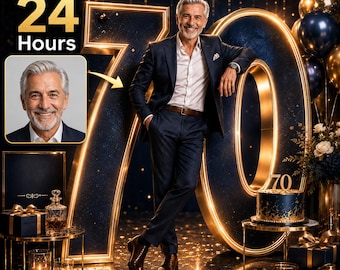 May include: A custom portrait service featuring a man in a dark suit and white shirt, displayed next to a large gold and navy number 70. The image includes text stating Ready in 24 Hours, a dark cake with gold accents, and gift boxes on gold tables.