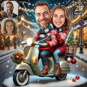 Coppia di scooter natalizi personalizzati / Caricatura di Vespa natalizia personalizzata / Vespa / Caricatura di scooter personalizzata / Regalo per gli amanti della Vespa / Lambretta